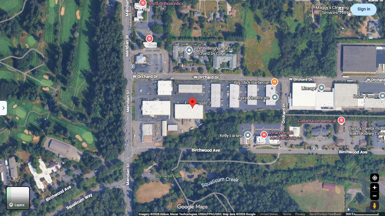 Overhead view of Meridian Street, W Orchard Drive and 1PC at 3550 Meridian Street, Suite 2. Follow the numbered directions above.